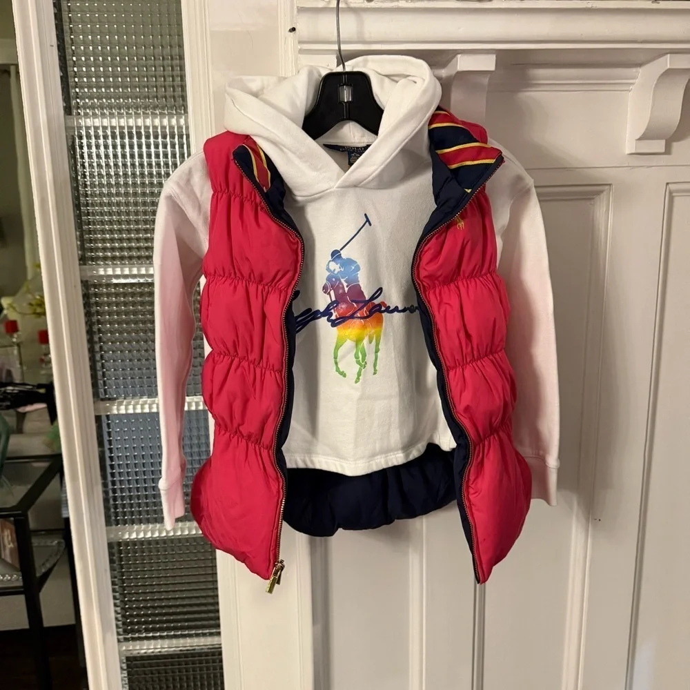 Ralph Lauren Girls 2 PCS Set Reversible Down Puffer Vest & White Hoodie M(8-10)